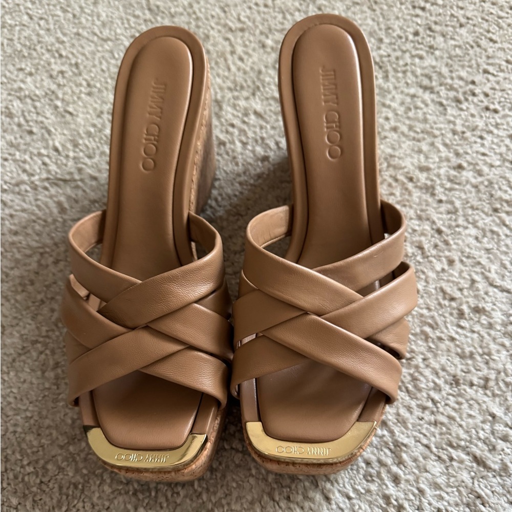 Jimmy Choo Maribou Tan Leather Wedge Sandals